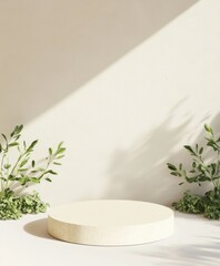Poster - Minimalist Beige Stone Podium with Green Foliage in Sunlit Garden - Natural and Serene Scene for Product Display or Nature Background