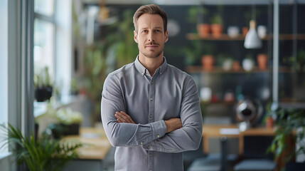 Poster - portrait of a businessman wearing grey shirt standing in modern office looking at camera