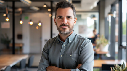 Poster - portrait of a businessman wearing grey shirt standing in modern office looking at camera