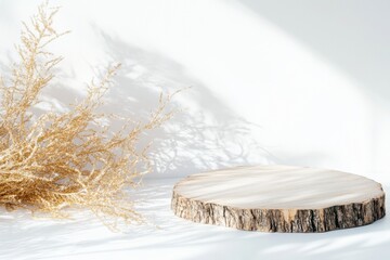 Poster - Elegant Minimalist Mockup with Textured Wood Podium and Soft Gold Tinsel on Clean White Background