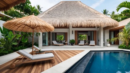 Wall Mural - Luxurious outdoor setting featuring a modern villa with a thatched-roof patio. The layout includes a wooden deck surrounding a pristine swimming pool, with two lounge chairs and a small table 