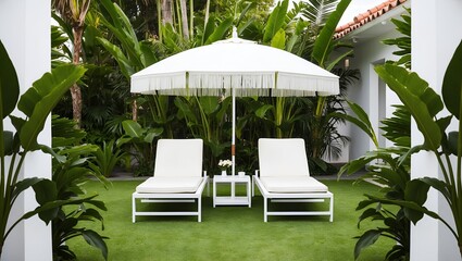 outdoor garden scene featuring two white lounge chairs positioned side by side on a grassy lawn.