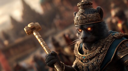 A majestic anthropomorphic cat warrior wearing ornate armor, wielding a hammer in a stunning ancient city background.