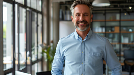 Poster - portrait of a happy businessman wearing light blue shirt standing in modern office looking at camera