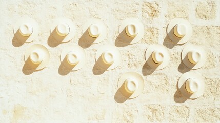 Poster - Graphy Pattern of Beige Sun Hats on Stone Wall - Monochromatic, Minimalist, Bright Sunlit Composition