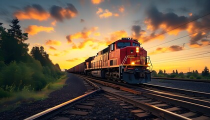 Wall Mural - Captivating Long Exposure Capture of Freight Train Snaking Through Railway Tracks at Dusk