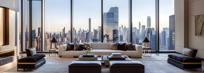 Wall Mural - 48. **A modern, high-rise apartment with floor-to-ceiling windows offering a view of the cityscape. The background includes stylish furnishings and a sleek design.