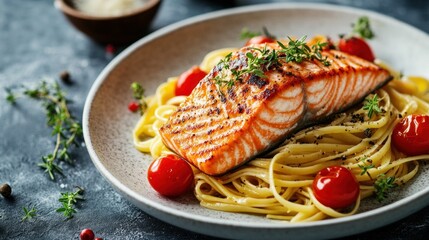 Wall Mural - Grilled Salmon with Linguine and Cherry Tomatoes