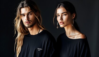 fashionable duo in matching black oversized t-shirts showcasing contemporary street style