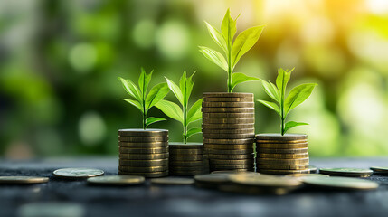 Green plant sprouts growing on stacks of gold coins with a blurred green background. Concept of growth, success, and wealth.