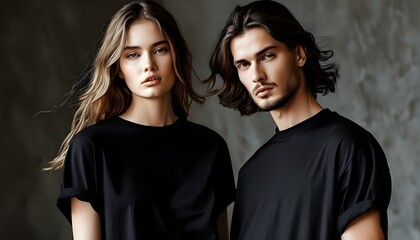 Fashionable duo in matching black oversized t-shirts showcasing contemporary street style