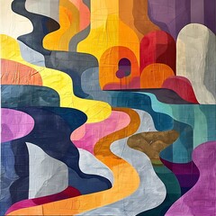 Abstract colorful artwork featuring flowing shapes and vibrant patterns.