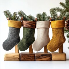 Boho Christmas stocking holders, wooden, rustic finish, minimalistic holiday decor