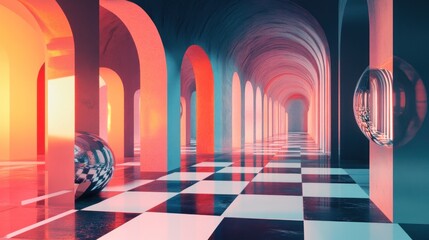 Wall Mural - Abstract Archway with Checkered Floor