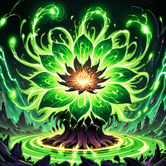 A vibrant, glowing plant with swirling energy and mystical elements.