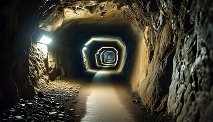 Wall Mural - haunting underground tunnel with cramped, dark passage and unsettling soil texture creating a chilling atmosphere