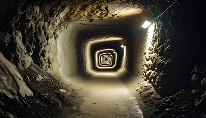 haunting underground tunnel with cramped, dark passage and unsettling soil texture creating a chilling atmosphere