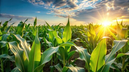 Wall Mural - Sunlight streaming through lush green corn maize crop leaves in cultivated field , agriculture, farming, sunlight, corn, maize