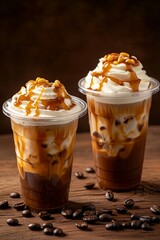 Wall Mural - Two iced coffees in plastic cups with cream and caramel on top, on a beige background