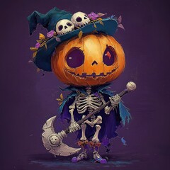 Sticker - Pumpkin Skeleton Character Illustration