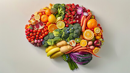 a colorful human brain shape by fruit and vegetables on white background