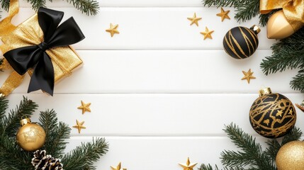 Wall Mural - Christmas background with a black and gold ribbon bow, for branches.