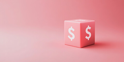 A pink cube with white dollar signs on each side sits against a light pink background.