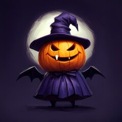 Canvas Print - Pumpkin Witch Character with a Bat Costume