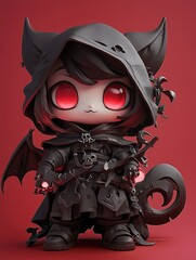 Canvas Print - Cute Demon Character in Black and Red Outfit with Wings