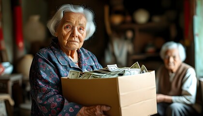 Canvas Print - Elderly woman cherishing a large box overflowing with money in a cozy home, symbolizing inheritance and the legacy of family wealth