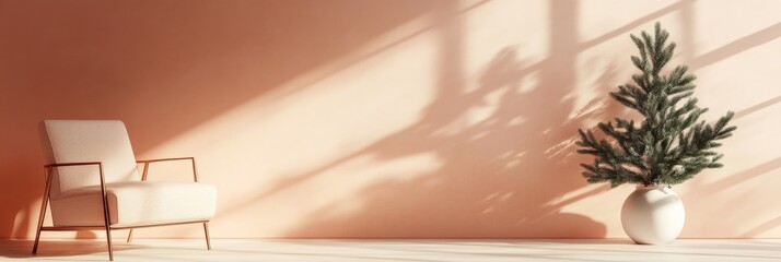 Wall Mural - A minimalistic peach-colored background with shadows from a window, a pastel-colored wall, and a Christmas tree in a vase.