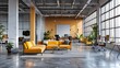 © Desain - Modern office interior with yellow sofa and plants, designed for collaboration.