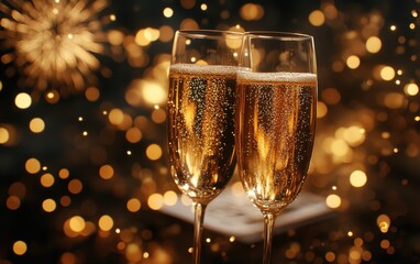 Two champagne glasses filled with bubbly liquid against a background of warm, golden lights and sparkles, evoking celebration and festivity.