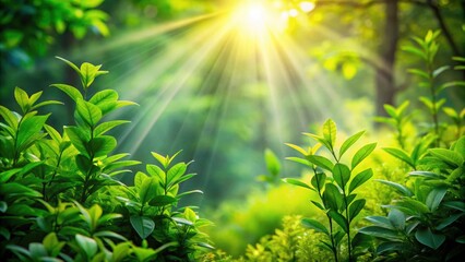 Wall Mural - Sunlight streaming through lush green plants, creating a serene and tranquil natural ambiance, Green, plants, sunlight