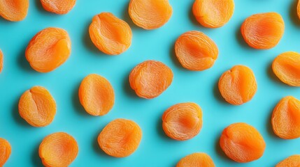 45. Flat lay of dried apricots in motion, focusing on their vibrant orange color and natural freshness, ideal for a concept of healthy and sweet snacks