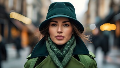 Sticker - Chic European model in stylish winter attire showcasing a vibrant green trench coat on a bustling city street