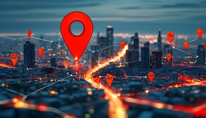 urban destination marked by red map pin with network connections, symbolizing navigation and connect