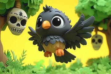 Poster - Cute Cartoon Bird Flying Away From a Skull