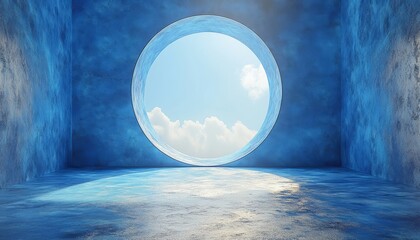 Wall Mural - Blue Room with Circular Window Showing Sky and Clouds