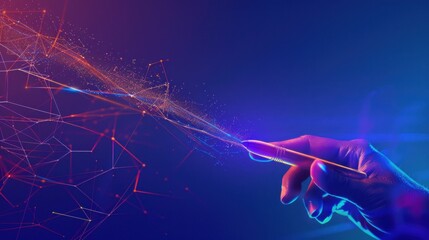 Poster - hand, technology, digital, connectivity, innovation, abstract, glowing, interaction, futuristic, creativity A hand reaching out, creating a burst of colorful sparks against a blue and purple backgro