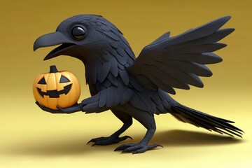 Wall Mural - Cartoon Raven Holding a Jack-o'-Lantern for Halloween