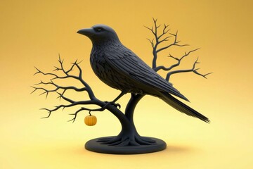 Wall Mural - Black Raven Perched on a Bare Branch with an Orange Pumpkin