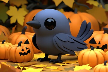 Sticker - Cute Cartoon Bird with Pumpkins for Halloween