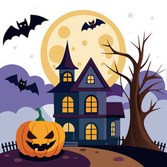 Wall Mural - Halloween background with pumpkin and bats house transparent background