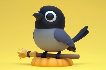 Sticker - Cute Cartoon Bird Sitting on a Pumpkin and Holding a Broom