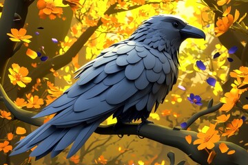 Sticker - Paper Raven in a Yellow and Purple Autumn Forest