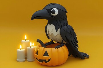 Sticker - Cartoon Crow Perched on a Jack-o'-Lantern with Candles