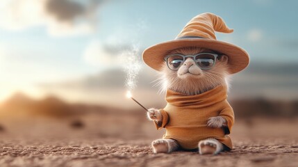 A whimsical creature dressed as a wizard, complete with a hat and glasses, casting magic in a surreal landscape at sunset.