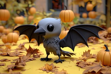 Canvas Print - Cute Cartoon Bat with Big Eyes on a Pile of Autumn Leaves