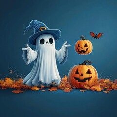 Poster - Cute Ghost with Pumpkins and a Bat for Halloween